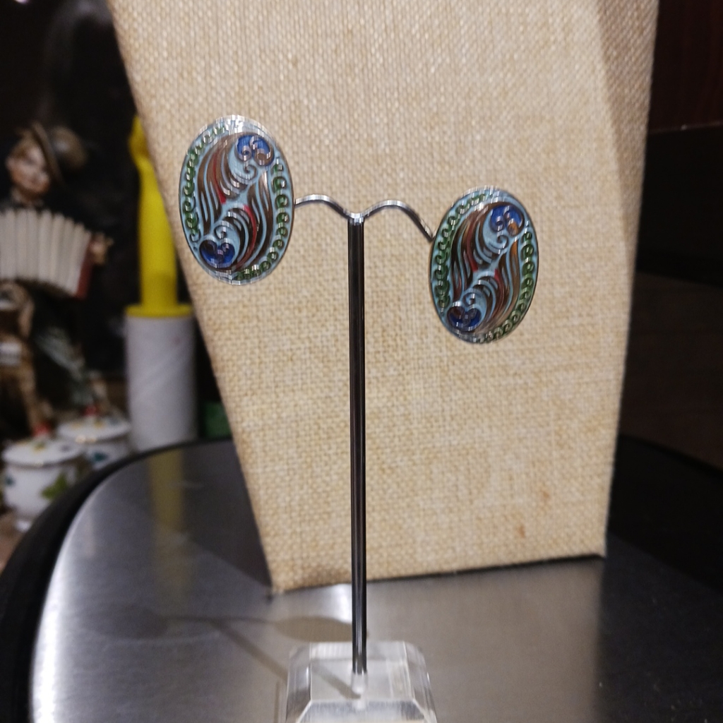 Vintage Germany Signed Aluminum & Enamel Colorful Oval Clip-On Earrings.